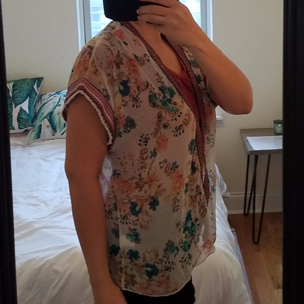 Festival Fab Floral Sheer Kimono with Tribal Trim